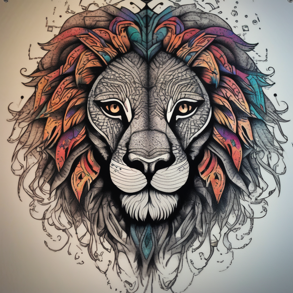 Tattooed lion hello kitty tattoo, design de tatouage Dotwork généré par IA